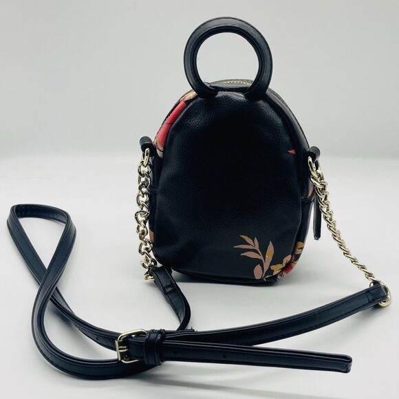GUESS 7” Mini Backpack Crossbody Handbag Faux Leather Black Floral Zip Closure - Picture 2 of 10